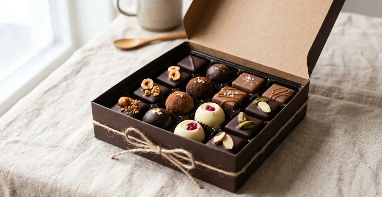 Ballotin de chocolats artisanaux ouvert, montrant un assortiment varié de chocolats aux saveurs et textures multiples.