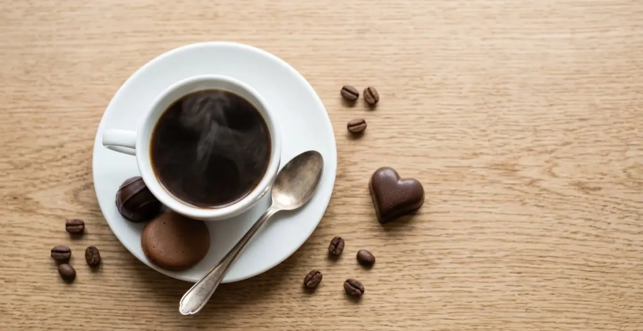 Vue de dessus d'une tasse de café fumante sur une table en bois, entourée de chocolats fins artisanaux, évoquant un café gourmand.