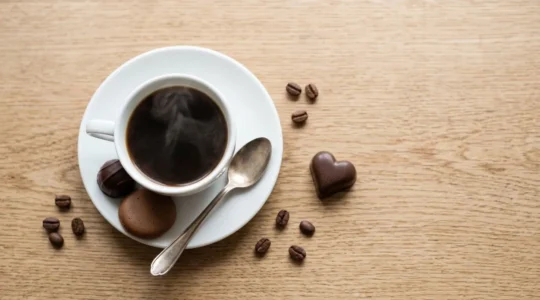 Vue de dessus d'une tasse de café fumante sur une table en bois, entourée de chocolats fins artisanaux, évoquant un café gourmand.